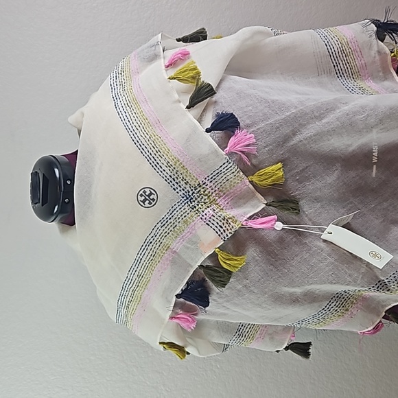 Tory Burch | NWT Women's Wool Tassel Fringe Embroidered Blanket Stitch Scarf - Picture 4 of 11